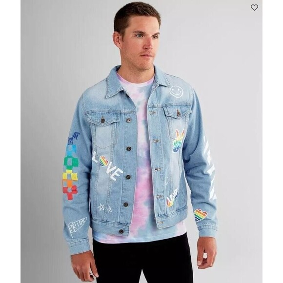 Brooklyn Cloth Pride Doodle Jean Jacket Blue Denim Peace Love United Size M - Picture 2 of 13